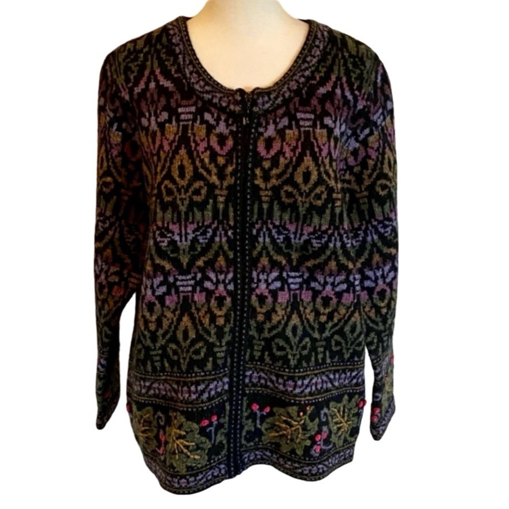 NorthStyle Women's Black and Purple Nordic Patterned Full Zip Cardigan. Size L.